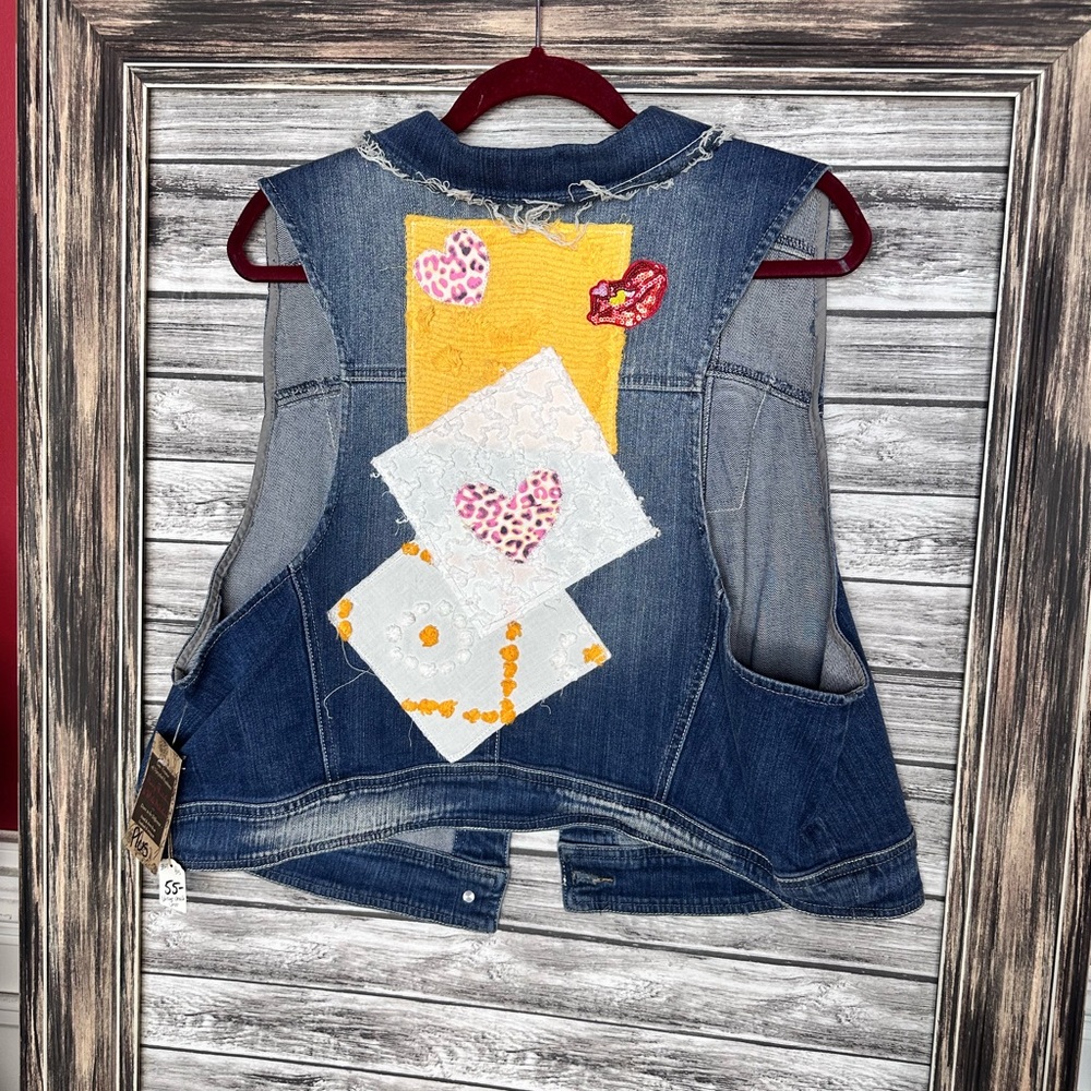 UpCycled Recycled Handmade Reworked Vintage Chenille Denim Vest Gypsy Boho Plus